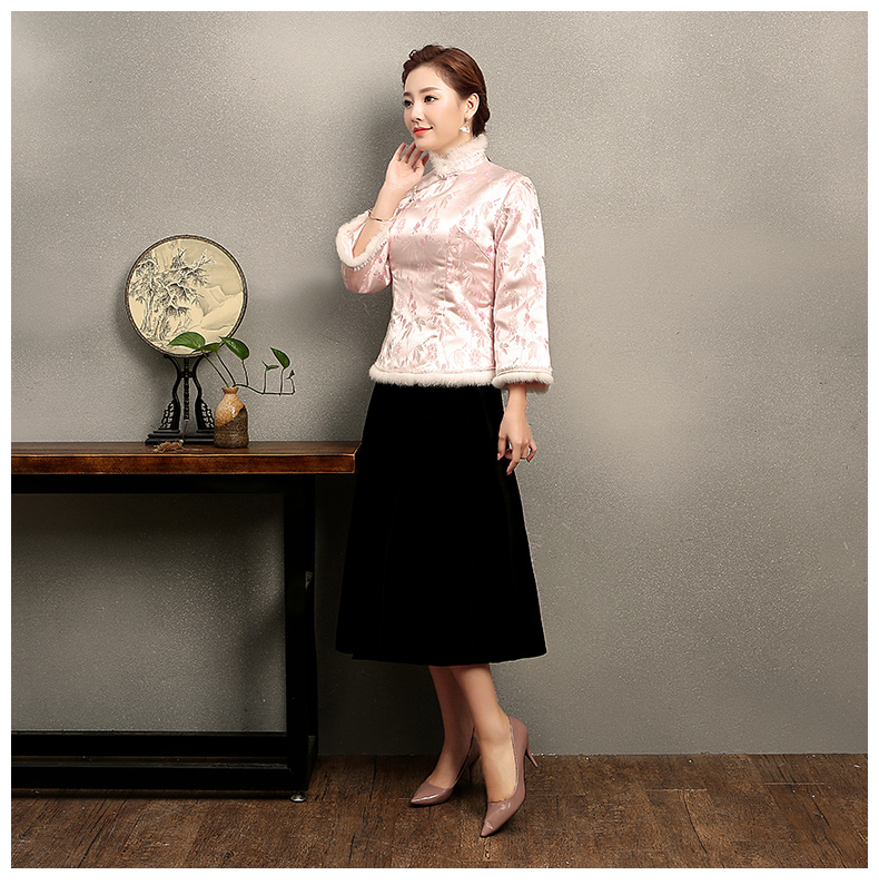 淺粉復古毛包邊女士唐裝