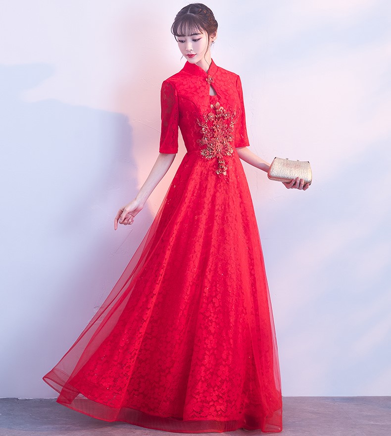 典雅氣質(zhì)中式禮服，網(wǎng)紗蕾絲晚禮服