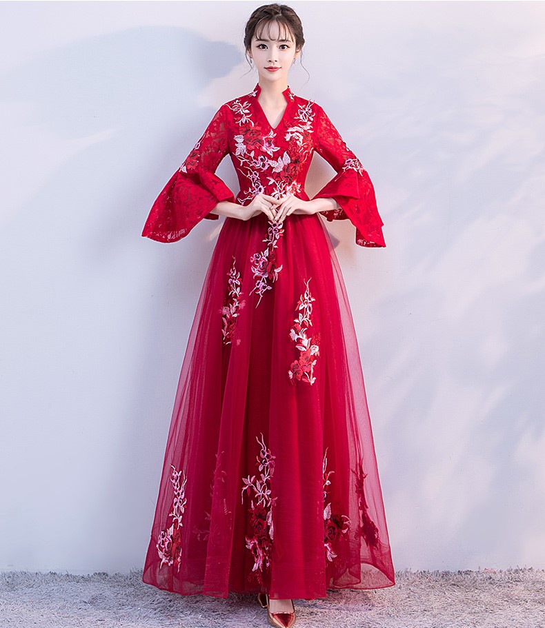 時(shí)尚喇叭袖中式禮服，性感唯美晚禮服