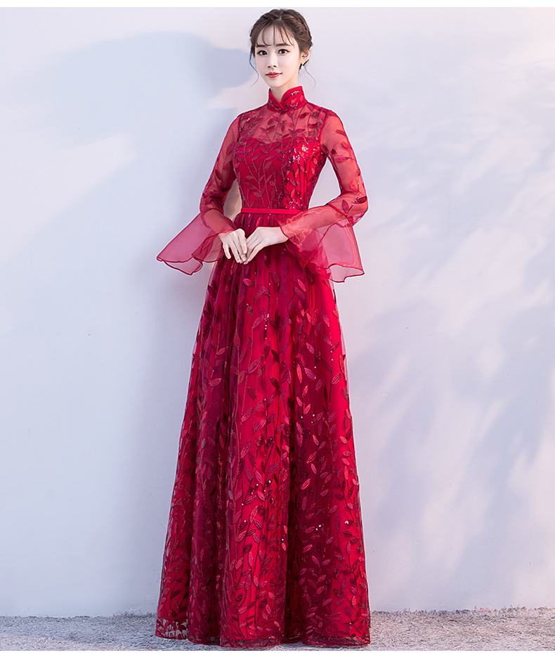 新穎喇叭袖中式禮服，性感鏤空繡花晚禮服