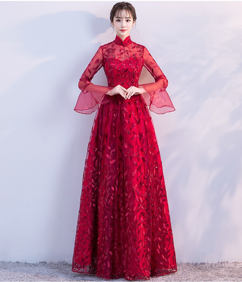 新穎喇叭袖中式禮服，性感鏤空繡花晚禮服