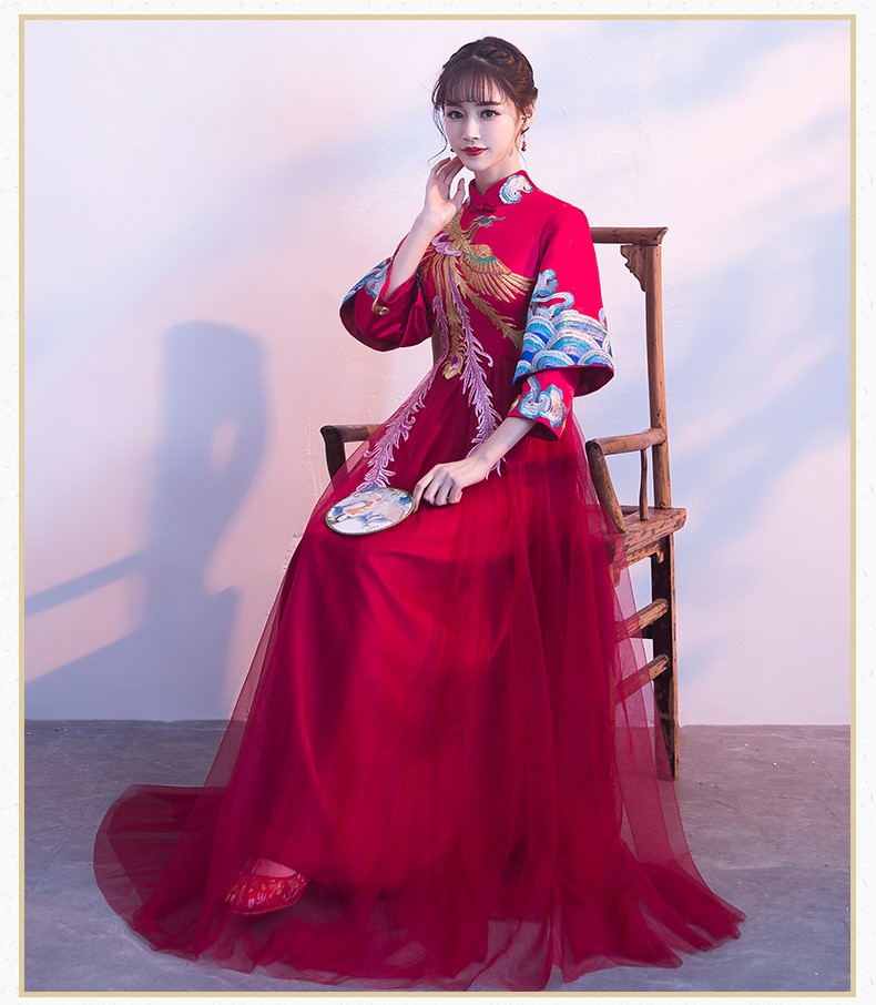 復(fù)古鳳凰刺繡中式禮服，家佳樂(lè)文學(xué)結(jié)婚晚禮服