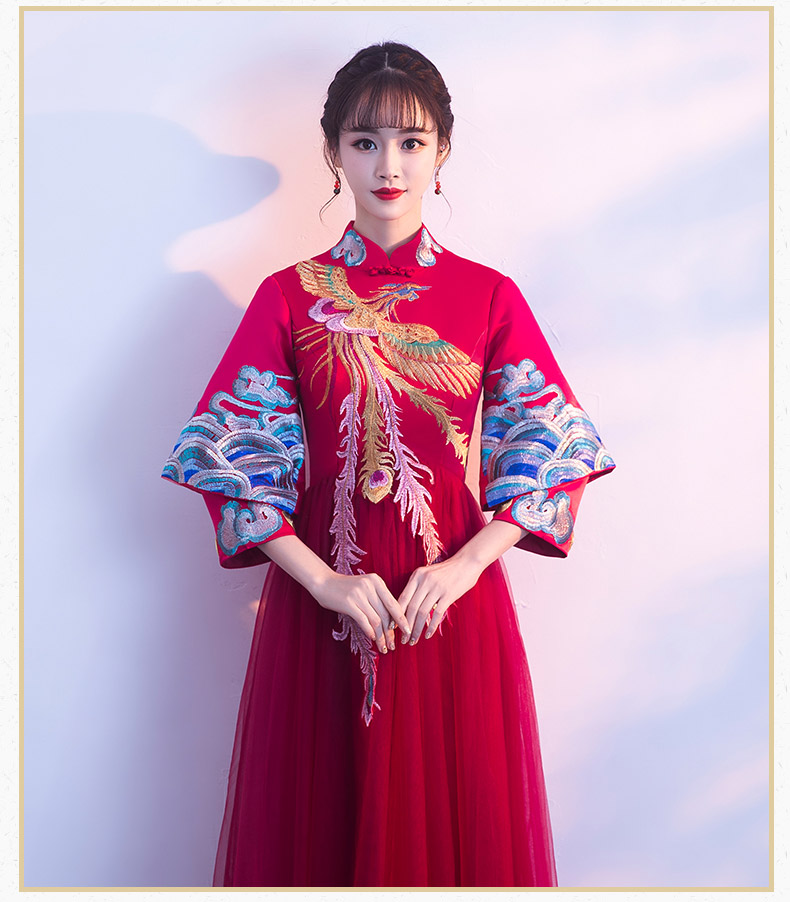 復(fù)古鳳凰刺繡中式禮服，家佳樂(lè)文學(xué)結(jié)婚晚禮服