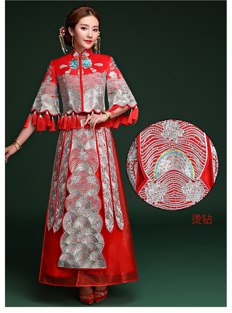 復(fù)古典雅中式禮服，袖波浪紋新娘結(jié)婚禮服