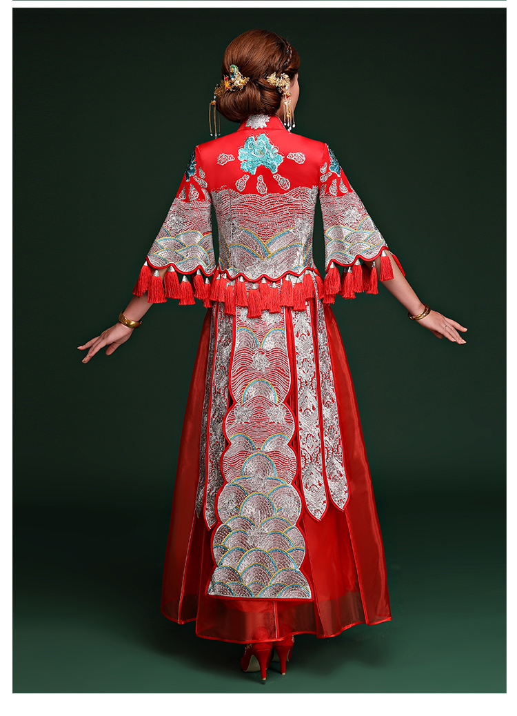 復(fù)古典雅中式禮服，袖波浪紋新娘結(jié)婚禮服