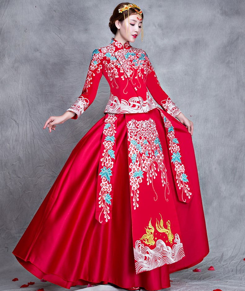 漫天繁花刺繡中式禮服，新娘結婚禮服