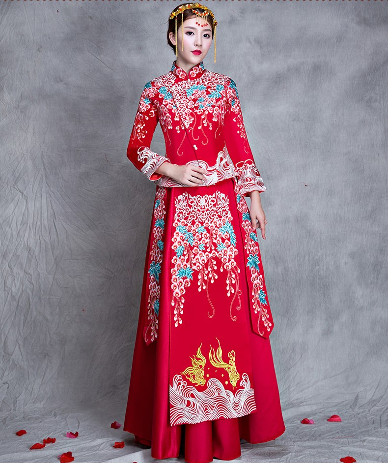 漫天繁花刺繡中式禮服，新娘結婚禮服