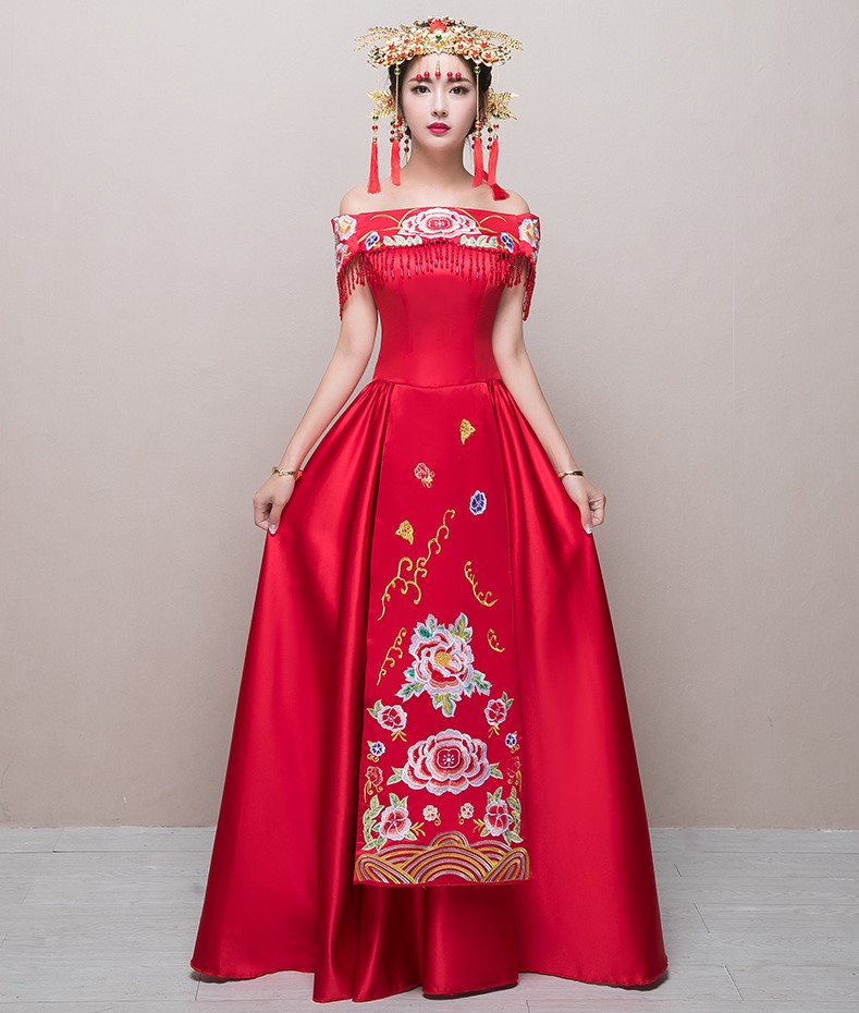 性感一字肩中式禮服，刺繡流蘇新娘禮服