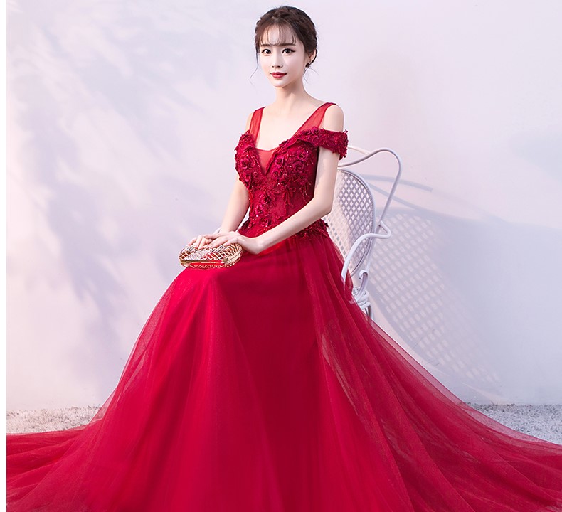 優(yōu)雅雙肩中式禮服,家佳樂文學立體繡花晚禮服