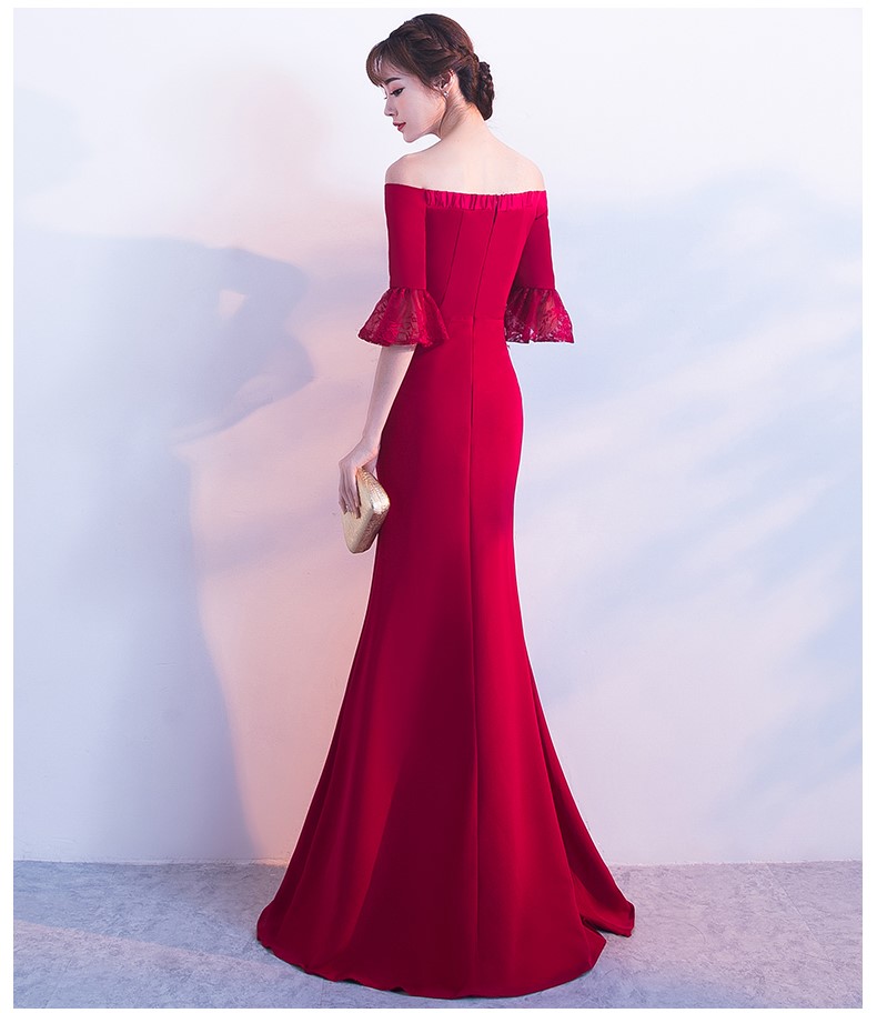 一字肩開叉中式禮服，甜美蕾絲袖口晚禮服