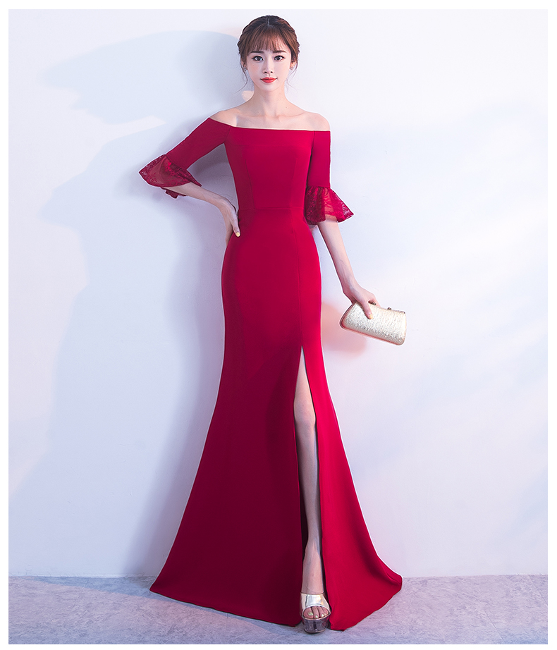 一字肩開叉中式禮服，甜美蕾絲袖口晚禮服