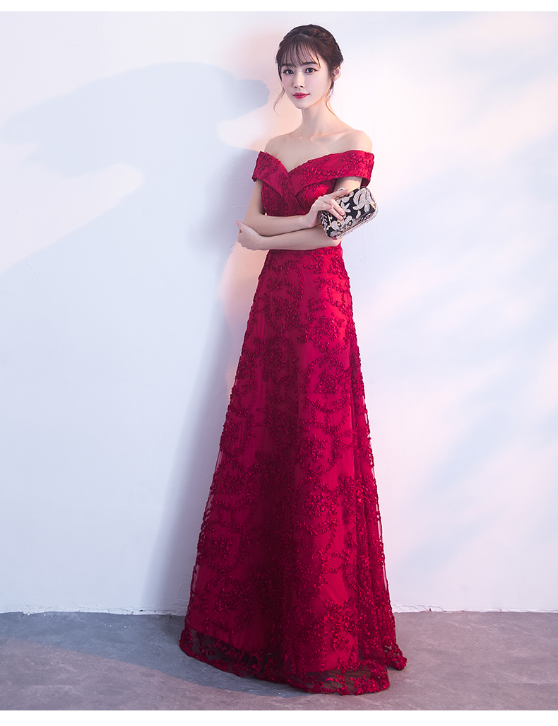 一字肩中式禮服，甜美蕾絲花晚禮服