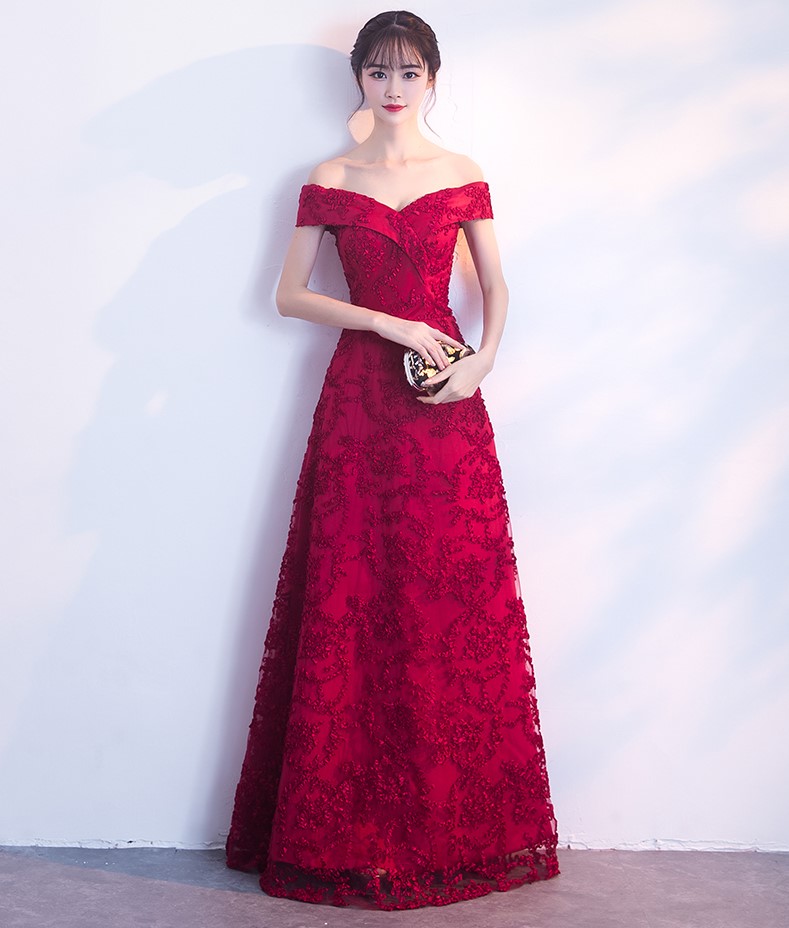 一字肩中式禮服，甜美蕾絲花晚禮服