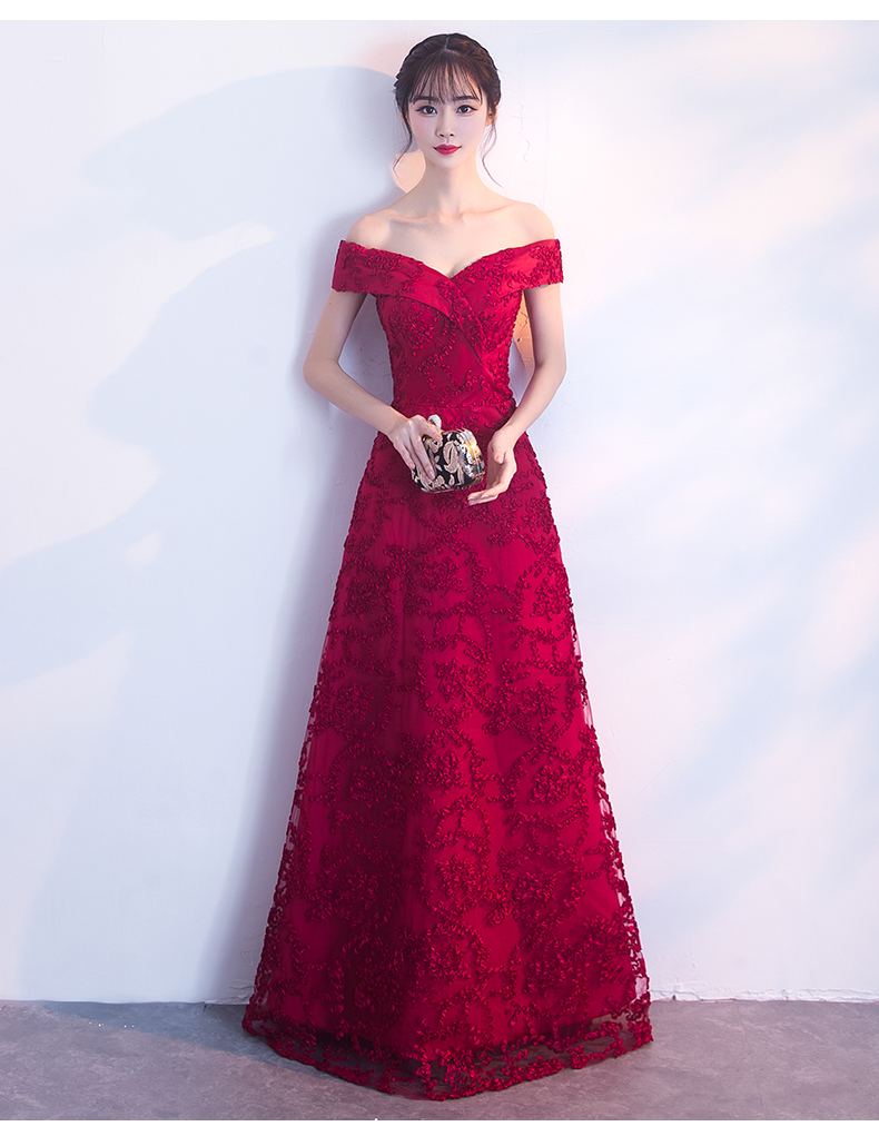 一字肩中式禮服，甜美蕾絲花晚禮服