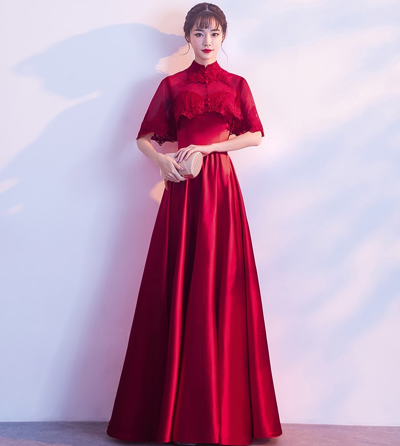 蕾絲披肩中式禮服，甜美家佳樂文學(xué)晚禮服