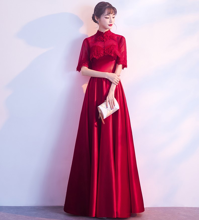 蕾絲披肩中式禮服，甜美家佳樂文學(xué)晚禮服