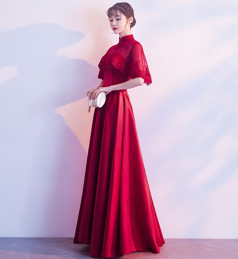 蕾絲披肩中式禮服，甜美家佳樂文學(xué)晚禮服