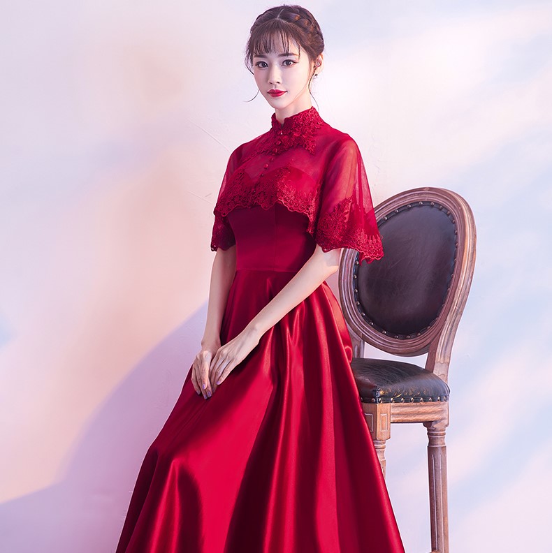 蕾絲披肩中式禮服，甜美家佳樂文學(xué)晚禮服