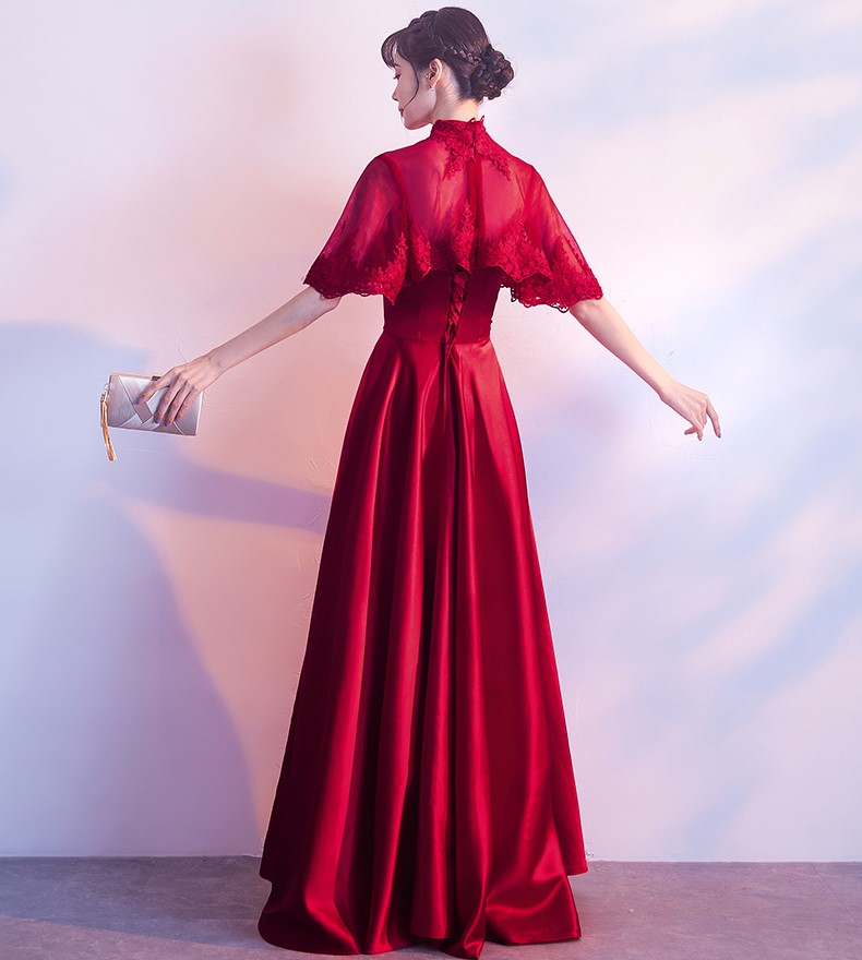 蕾絲披肩中式禮服，甜美家佳樂文學(xué)晚禮服