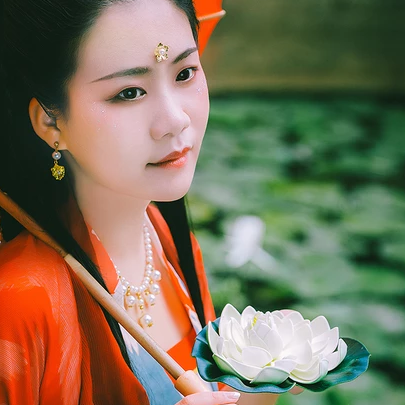 蓮池邊帶紅傘紅衣女生頭像，唯美古風(fēng)真人頭像