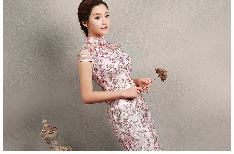 粉色繡花旗袍，蕾絲短款旗袍裙