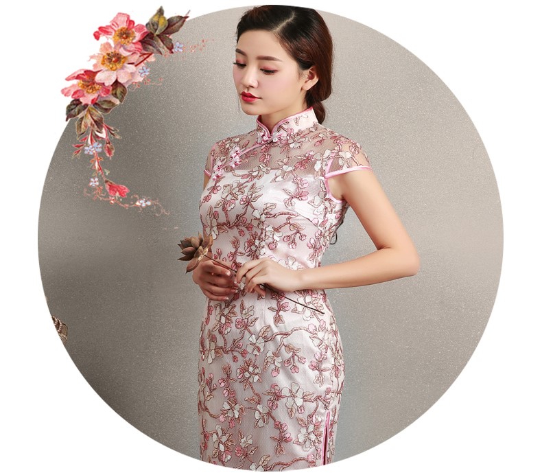 粉色繡花旗袍，蕾絲短款旗袍裙