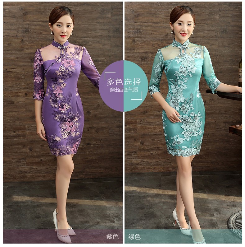 刺繡花瓣袖旗袍，復(fù)古蕾絲短款旗袍裙