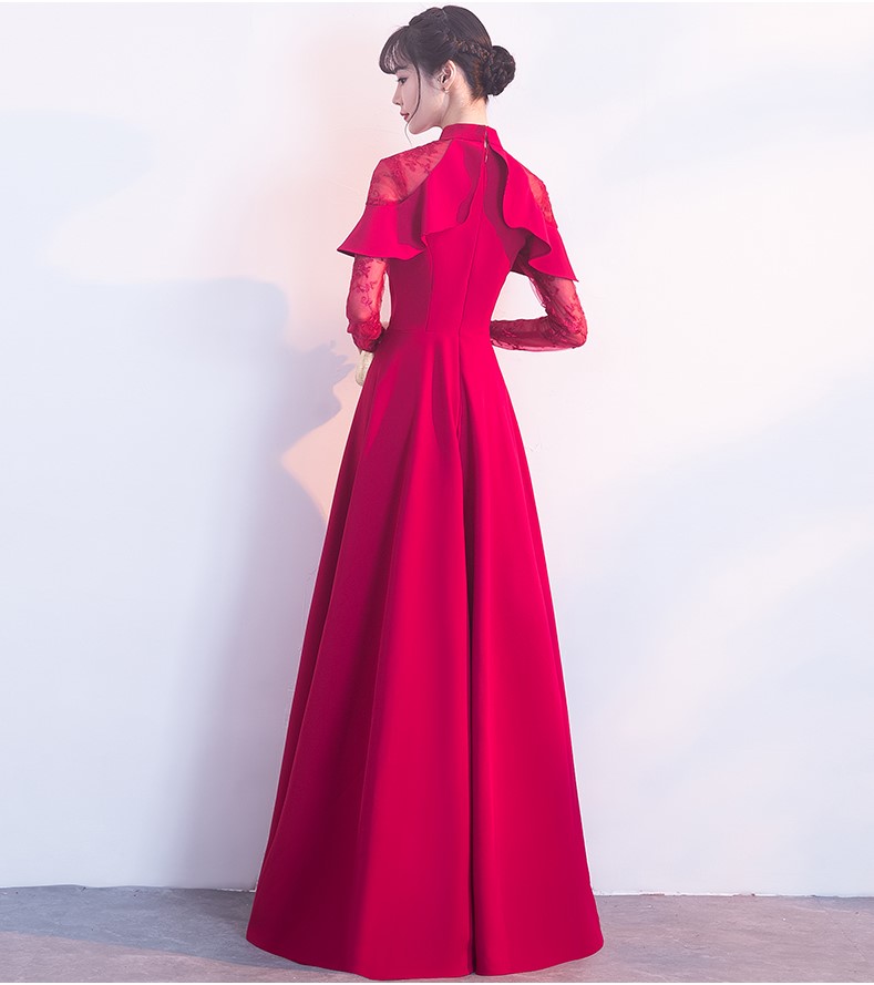 紅色長(zhǎng)款中式禮服，荷葉邊氣質(zhì)晚禮服裙