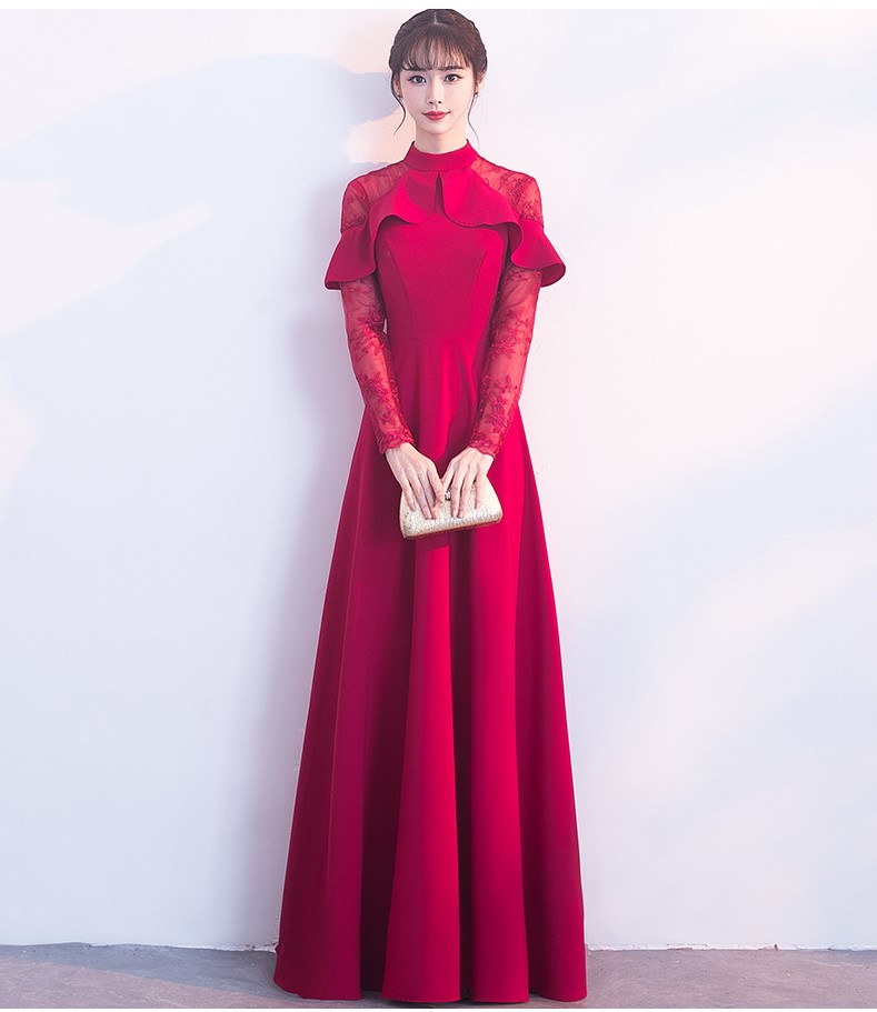 紅色長(zhǎng)款中式禮服，荷葉邊氣質(zhì)晚禮服裙