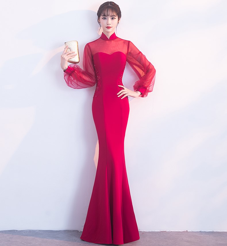 時尚魚尾中式禮服，半透燈籠袖氣質(zhì)晚禮服