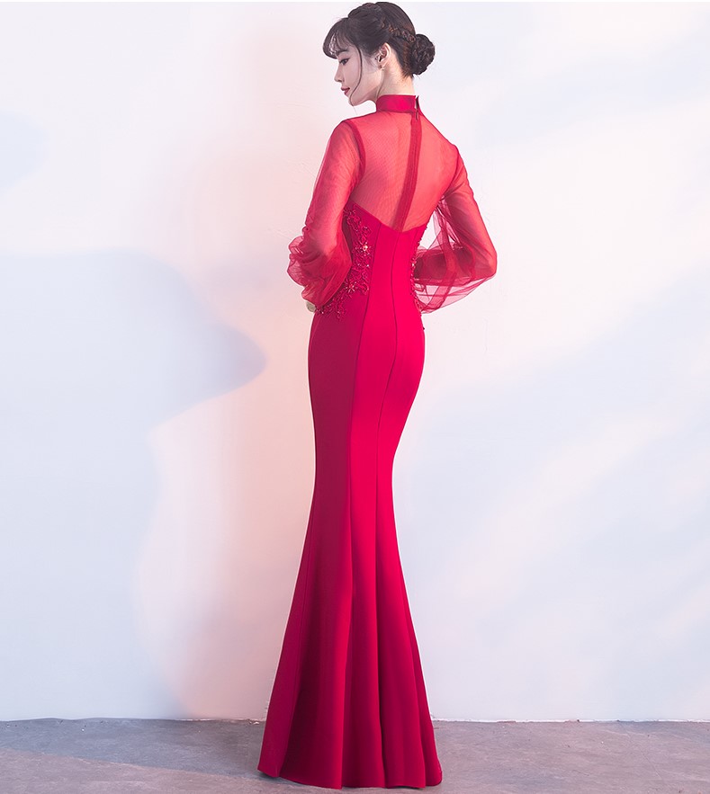 時尚魚尾中式禮服，半透燈籠袖氣質(zhì)晚禮服