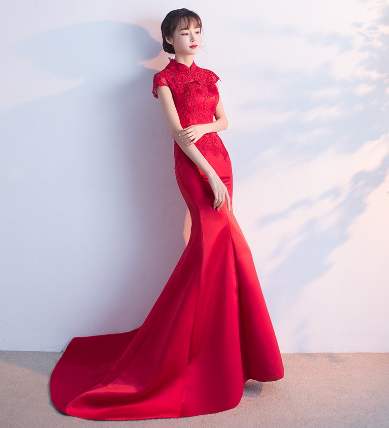 時(shí)尚魚尾拖尾中式禮服，蕾絲氣質(zhì)晚禮服