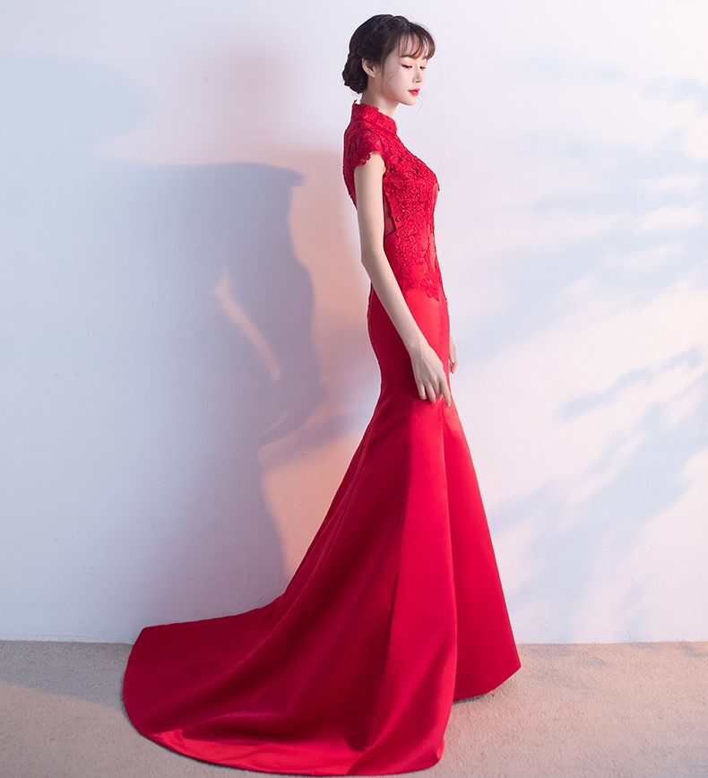 時(shí)尚魚尾拖尾中式禮服，蕾絲氣質(zhì)晚禮服