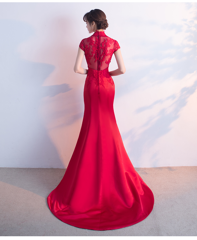 時(shí)尚魚尾拖尾中式禮服，蕾絲氣質(zhì)晚禮服
