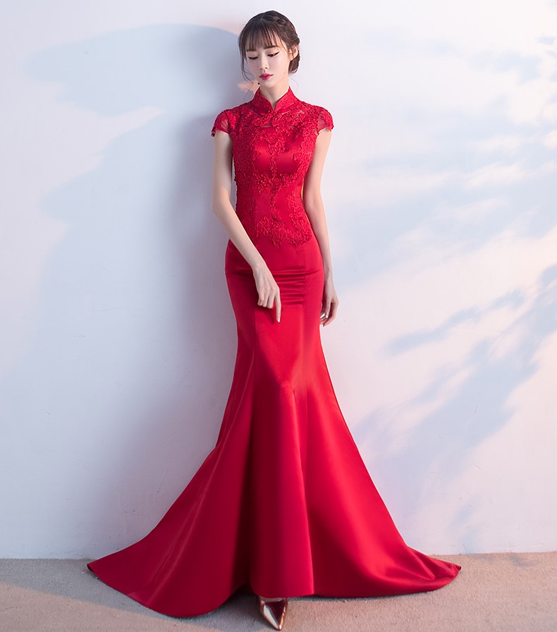 時(shí)尚魚尾拖尾中式禮服，蕾絲氣質(zhì)晚禮服