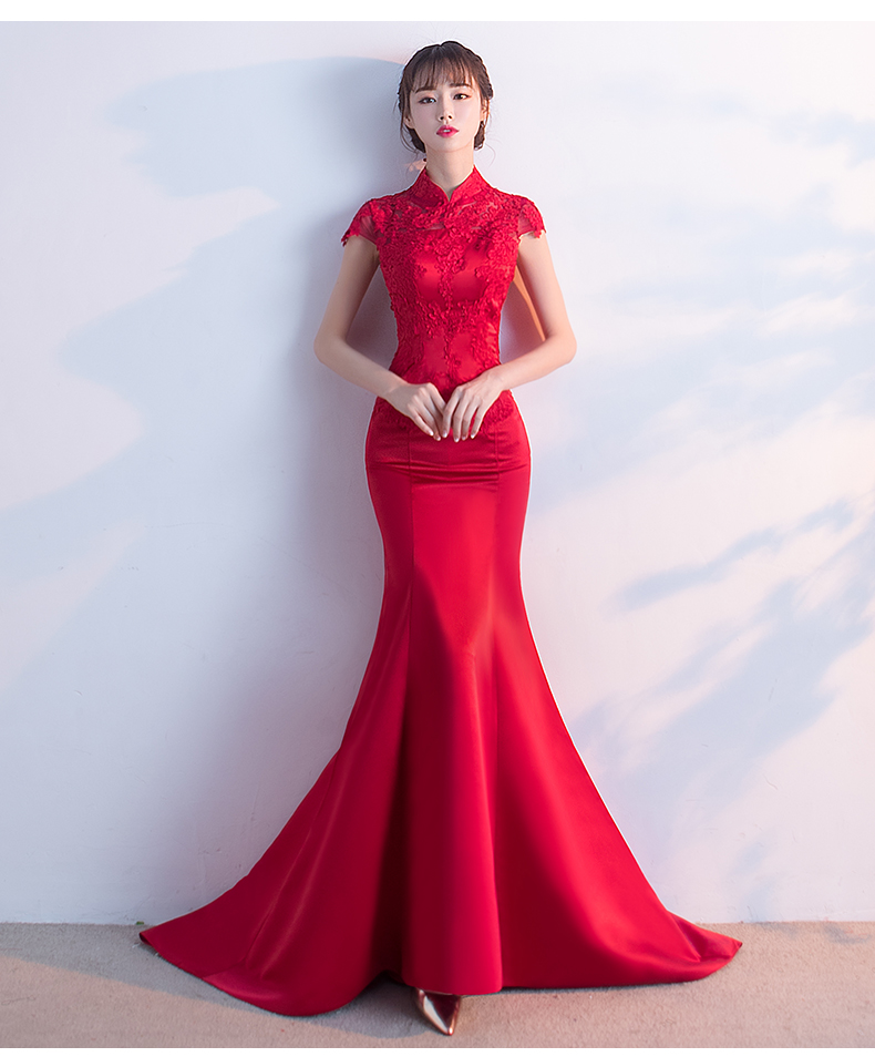 時(shí)尚魚尾拖尾中式禮服，蕾絲氣質(zhì)晚禮服