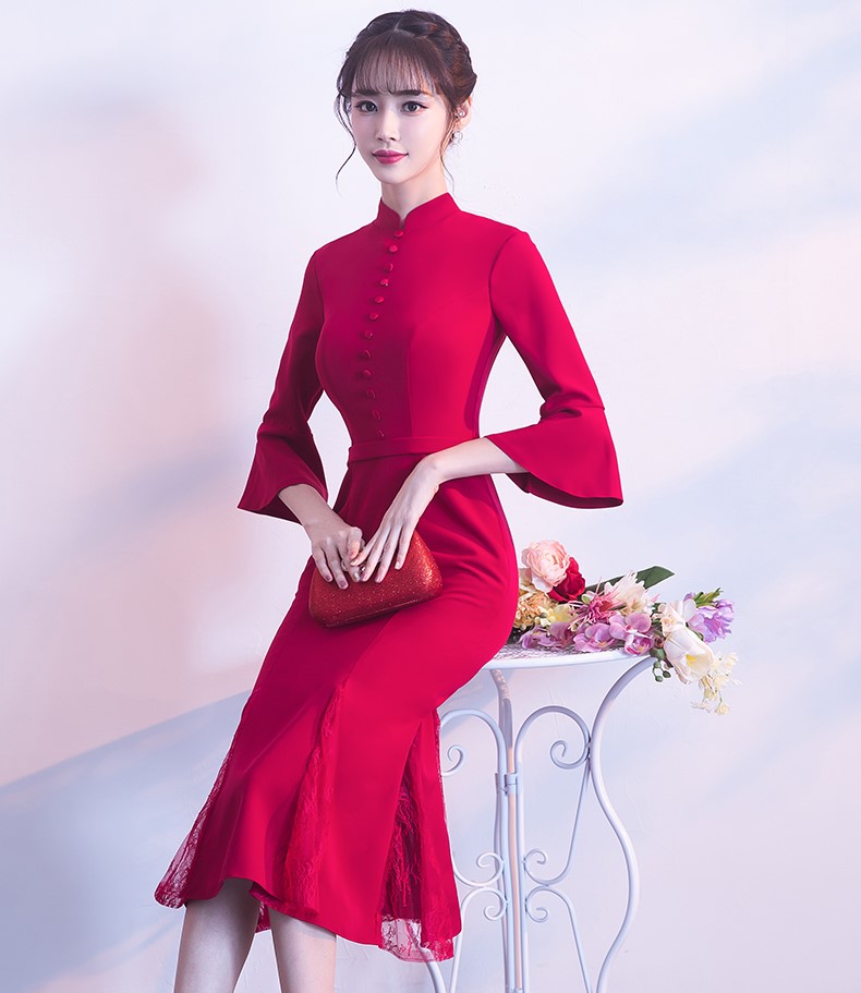 復(fù)古魚尾中式禮服，氣質(zhì)修身晚禮服