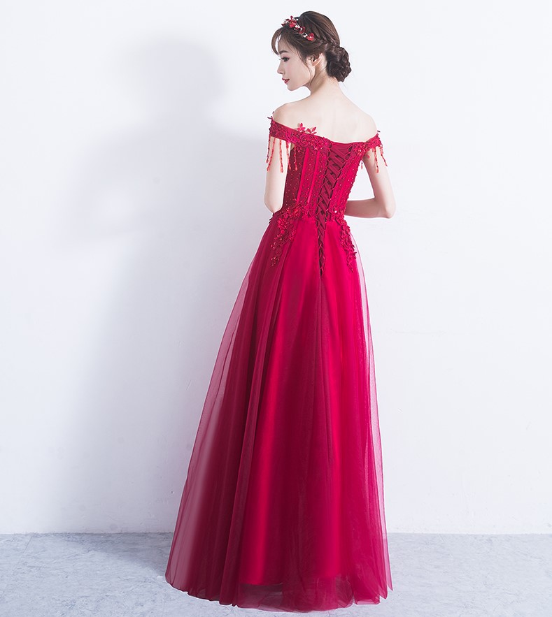 性感一字肩中式禮服，唯美流蘇珠花晚禮服