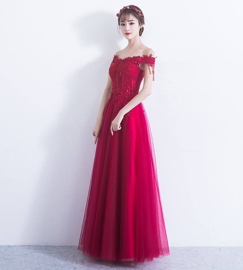 性感一字肩中式禮服，唯美流蘇珠花晚禮服