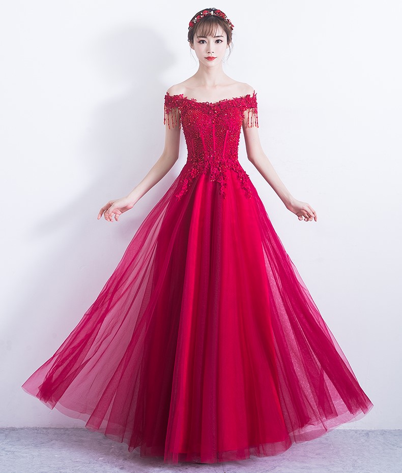 性感一字肩中式禮服，唯美流蘇珠花晚禮服