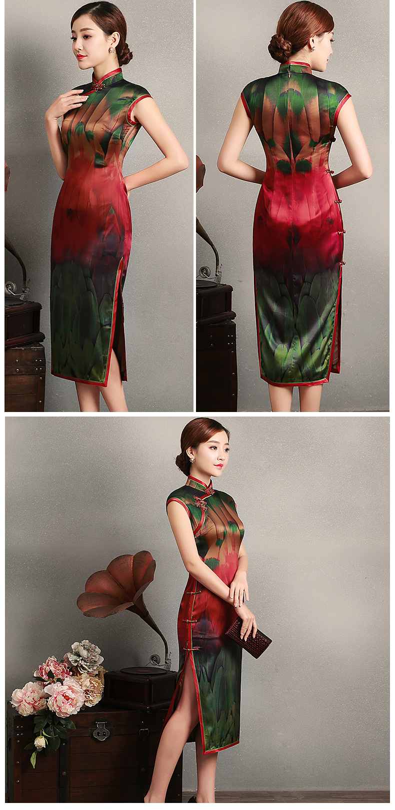 嬌艷短袖旗袍，蠶絲香林旗袍裙