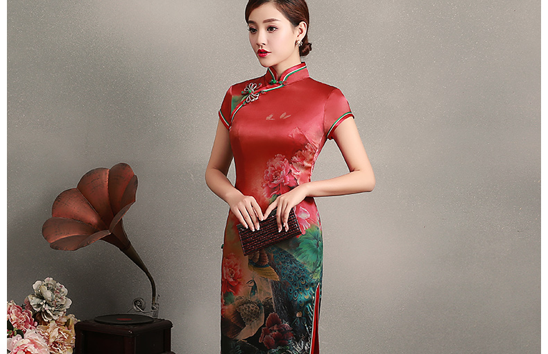 花團錦簇短袖旗袍，蠶絲印花旗袍裙