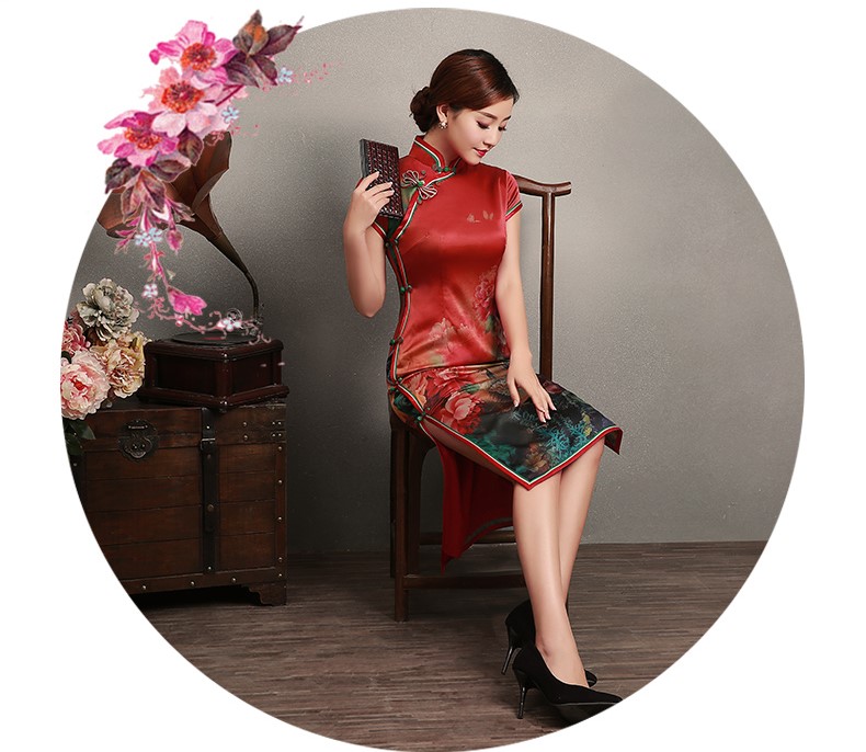 花團錦簇短袖旗袍，蠶絲印花旗袍裙