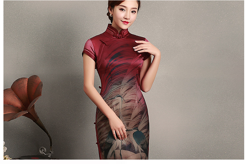復古鶴短袖旗袍，蠶絲印花旗袍裙