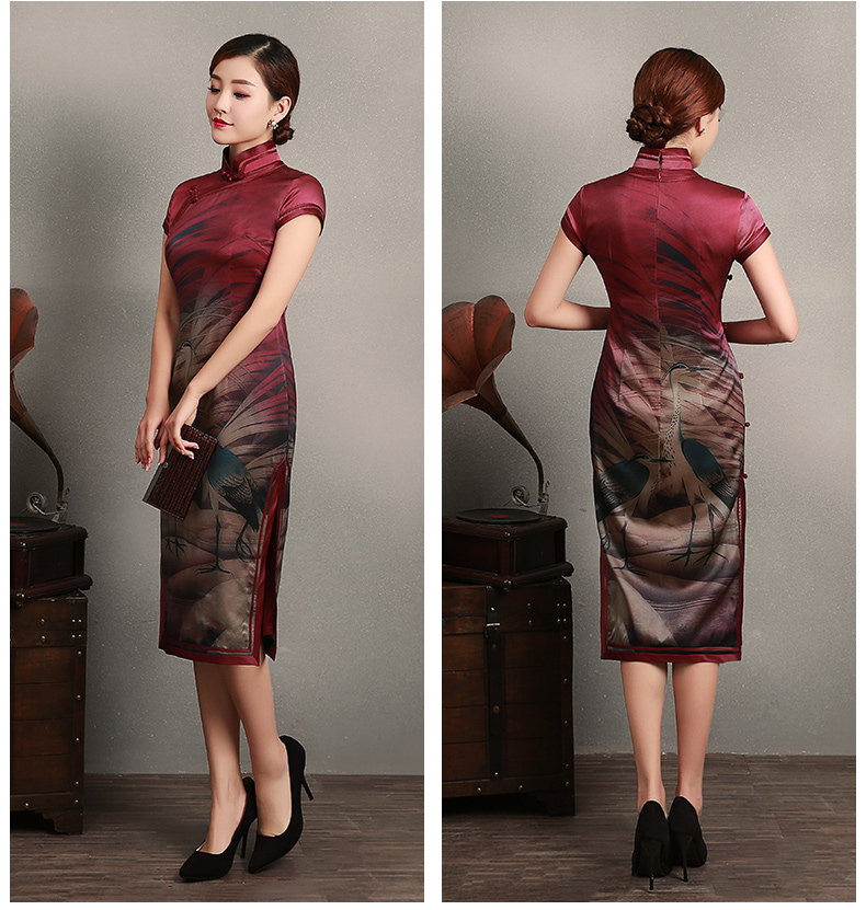 復古鶴短袖旗袍，蠶絲印花旗袍裙