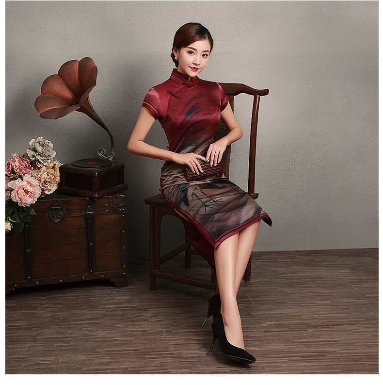 復古鶴短袖旗袍，蠶絲印花旗袍裙