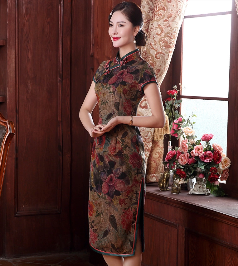 復(fù)古手工盤扣短袖旗袍，蠶絲印花旗袍裙