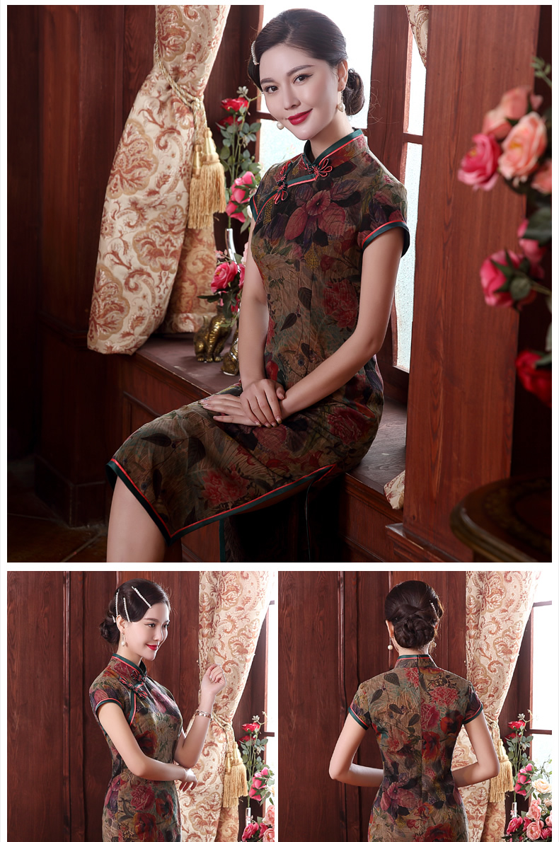 復(fù)古手工盤扣短袖旗袍，蠶絲印花旗袍裙