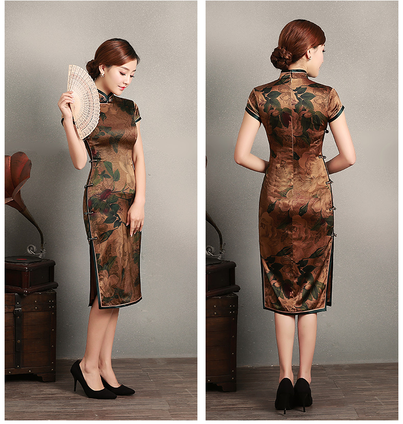 復(fù)古風(fēng)沉今短袖旗袍，蠶絲印花旗袍裙