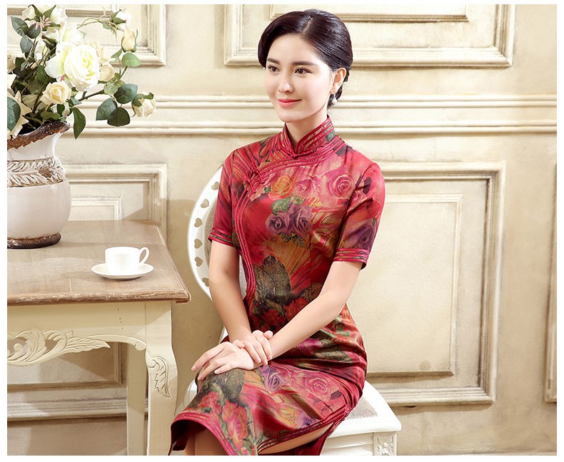 紅色花色短袖旗袍，蠶絲印花旗袍裙
